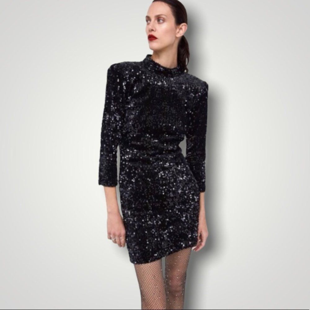ZARA Basics Black Allover Formal Sequin Open Back Formal Dress Size Small